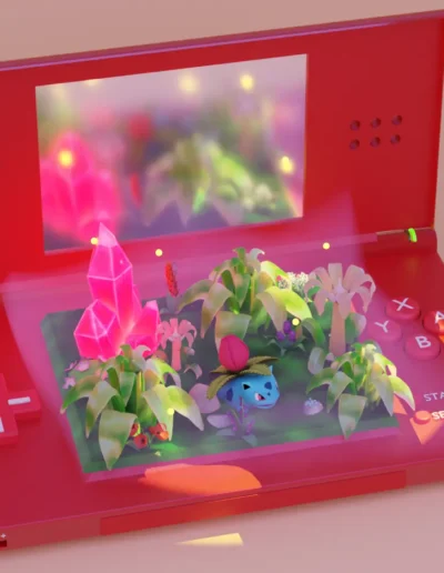 Oeuvre 3D de Lunarchy montrant une nintendo DS avec des Pokemon qui sortent